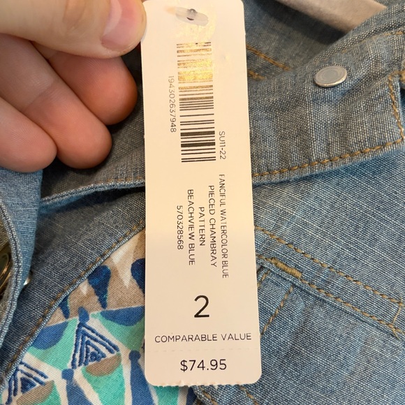 NWt Chico's Vibrant pattern & chambray Button Up Long Sleeve Jacket,  2/Large‎ - Picture 3 of 7